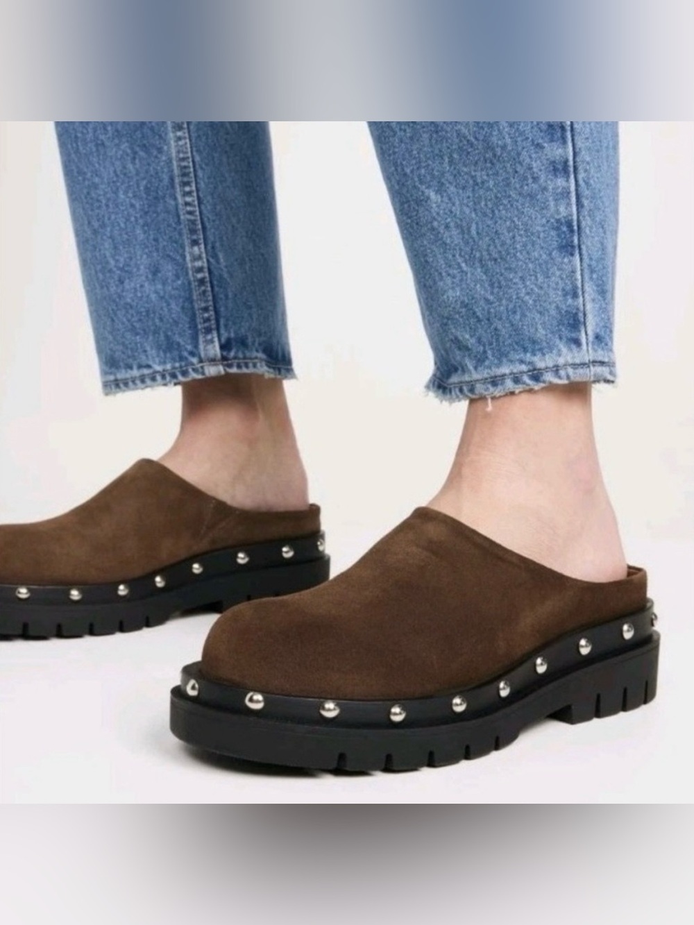Kaanas Brown Suede Studded Platform Mule Clogs